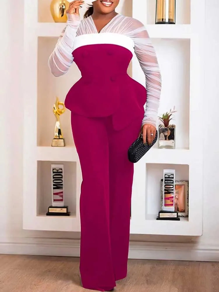 FZ Women's S Mesh Sleeves Slim Top and Slacks Two Piece Pants Suit