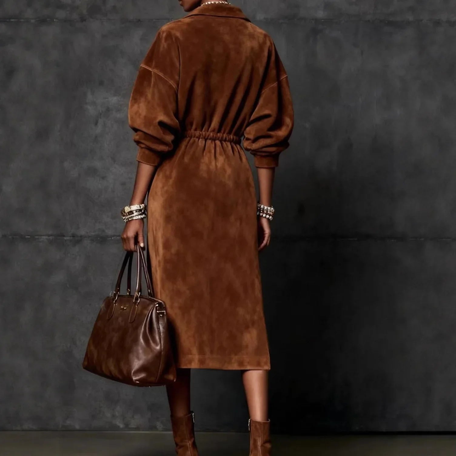 FZ Women's Suede Velvet Drawstring Solid Vintage Split Hem Midi Dress