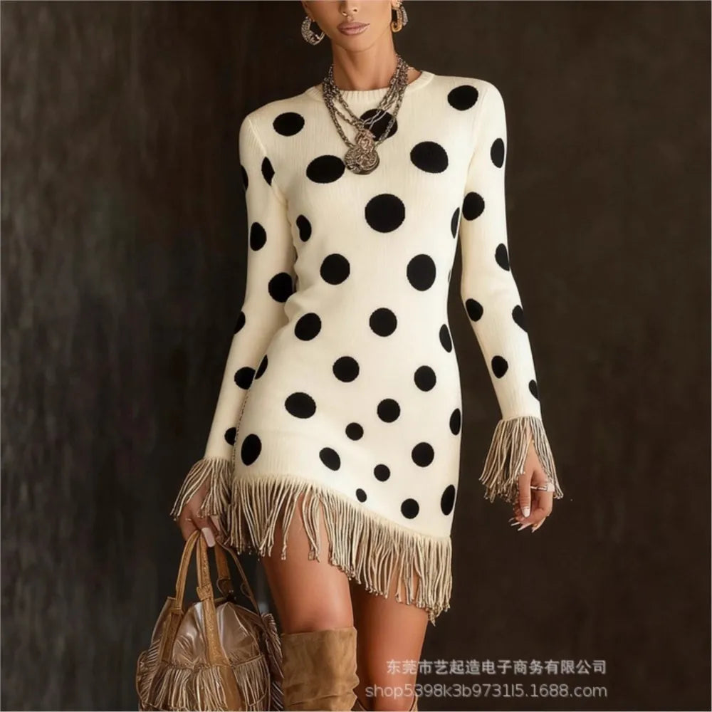 FZ Women's Retro Print Tassel Slim Fit O Neck Mini Knitted Sweater Dress