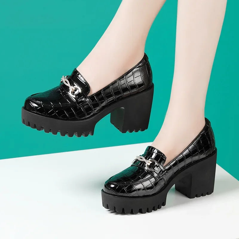 FZ Women's Rhinestone Waterproof Platform Thick Sole Leather Shoes