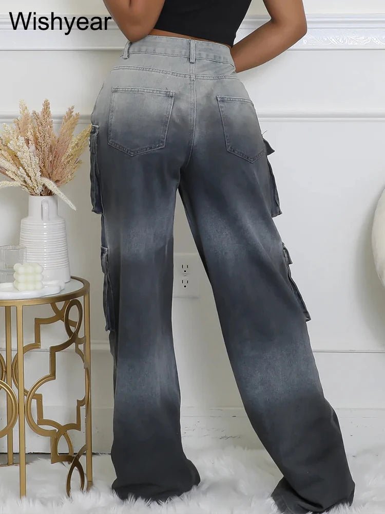 FZ Women's Gradient Wide Leg Cargo High Waist Multi Pockets Denim Pants