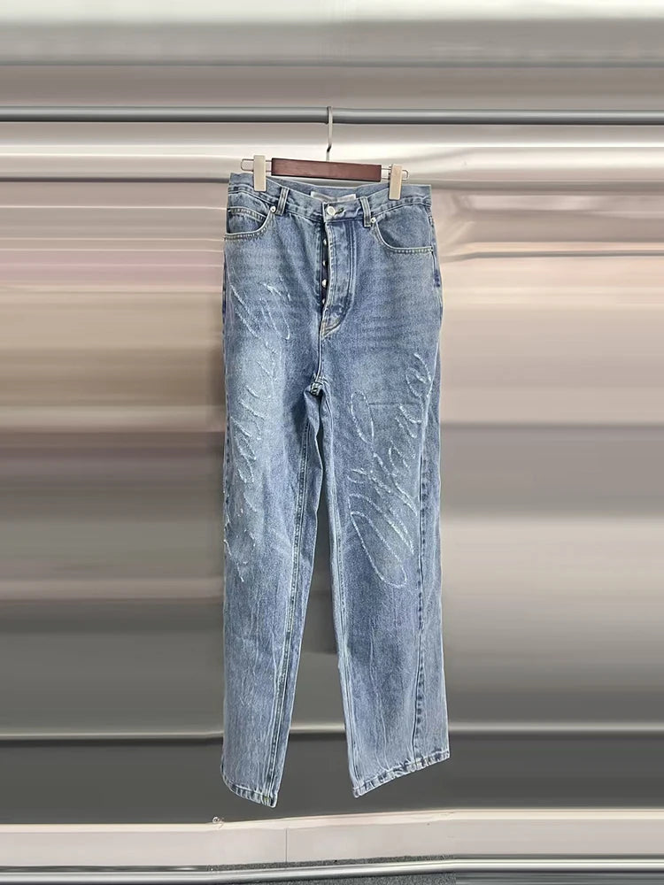 FZ Women's Patchwork Zipper Designer High Waist Loose Wide Leg Denim Pants