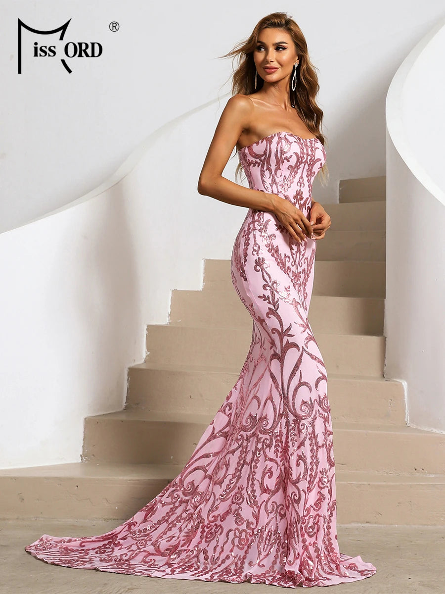 FZ Women's Sequin Strapless Sleeveless Maxi Mermaid Hem Evening Dress