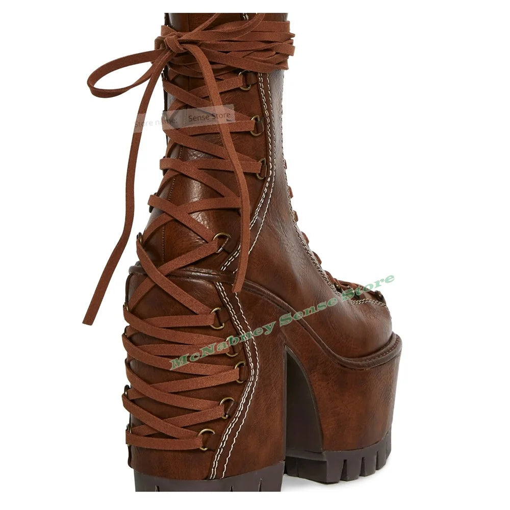 FZ Women's Straps Lace Up Round Toe High Platform Thick Ankle Boots