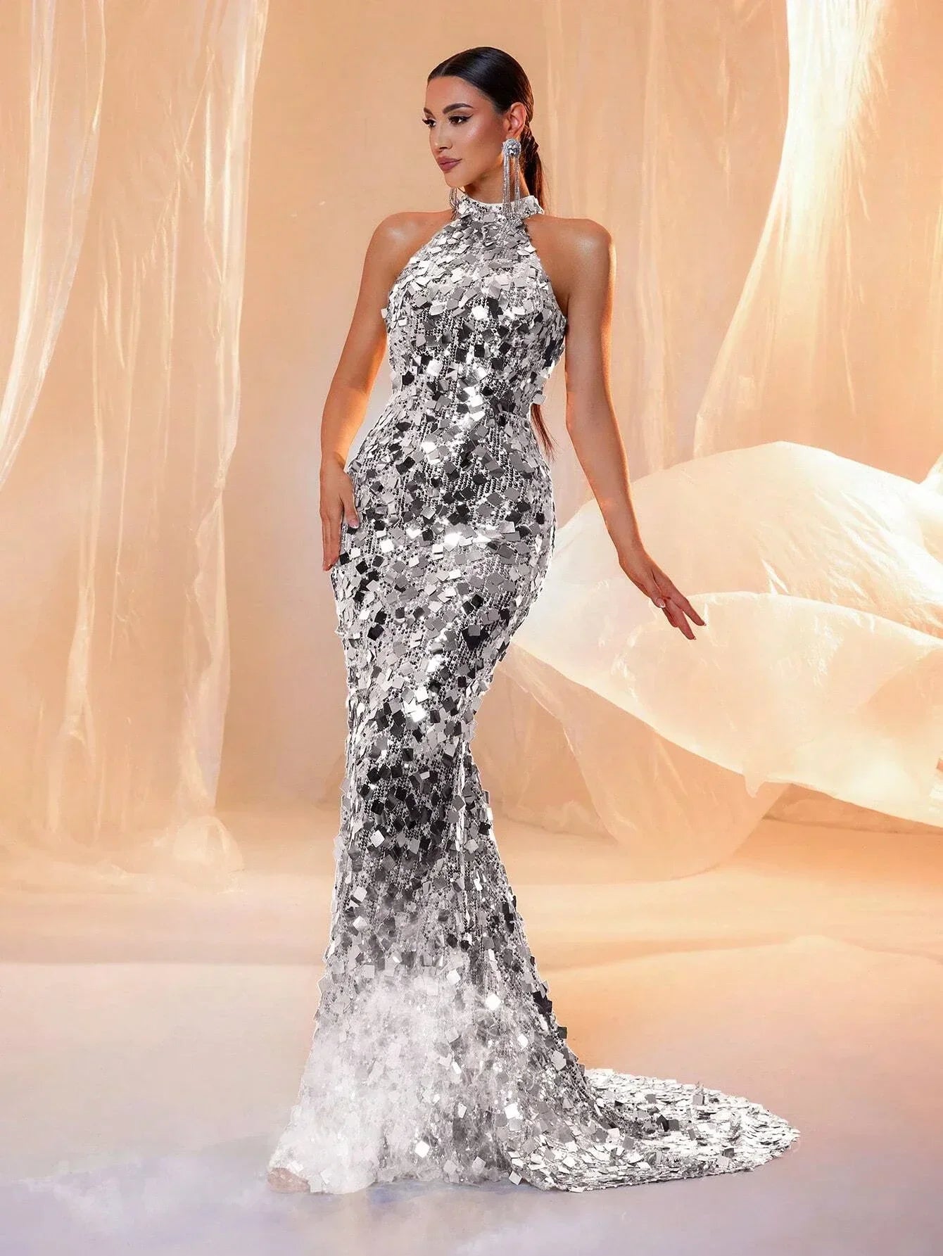 FZ Women's Backless Sequins Halter Neck Maxi Evening Dress