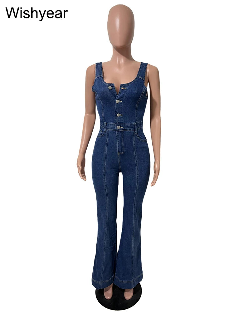 FZ Women's Sleeveless Single Breasted Slim One Piece Vintage Backless Denim Jumpsuit