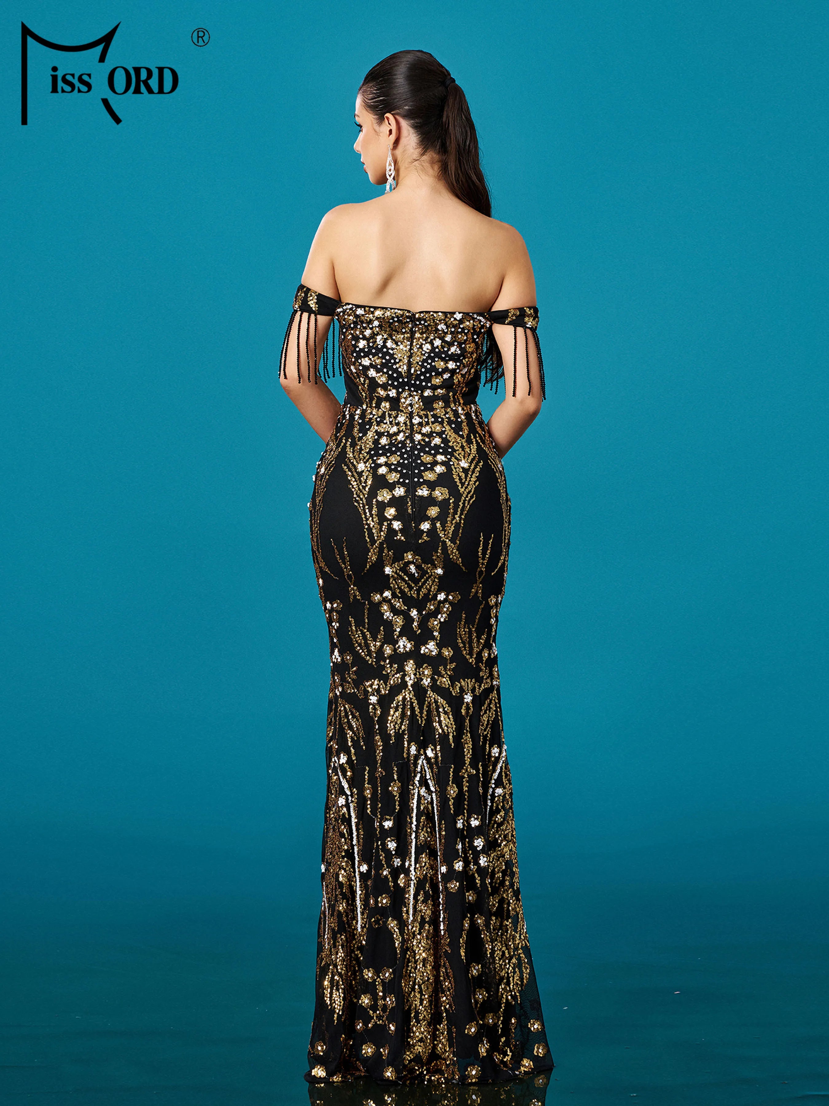 FZ Women's Off Shoulder Sequin Mermaid Floor Length Evening Dress
