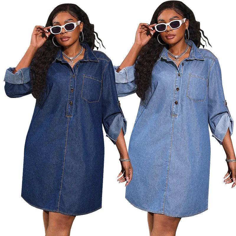 FZ Women's Solid Pocket Turn Down Collar Knee Length Single Breasted Denim Dress