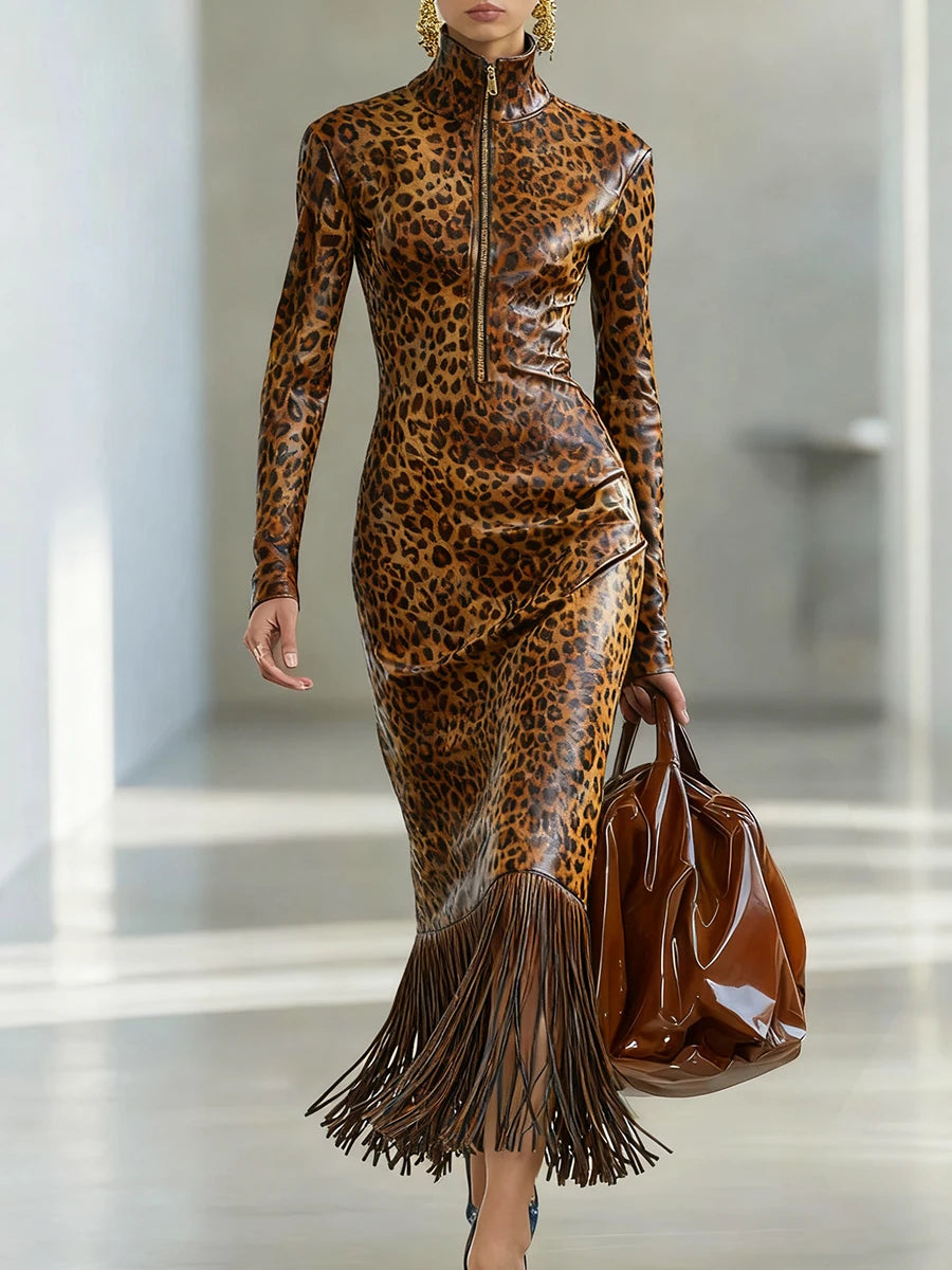 FZ Women's Long Sleeve Tassel Hem Turtleneck Leopard Faux Leather Dress