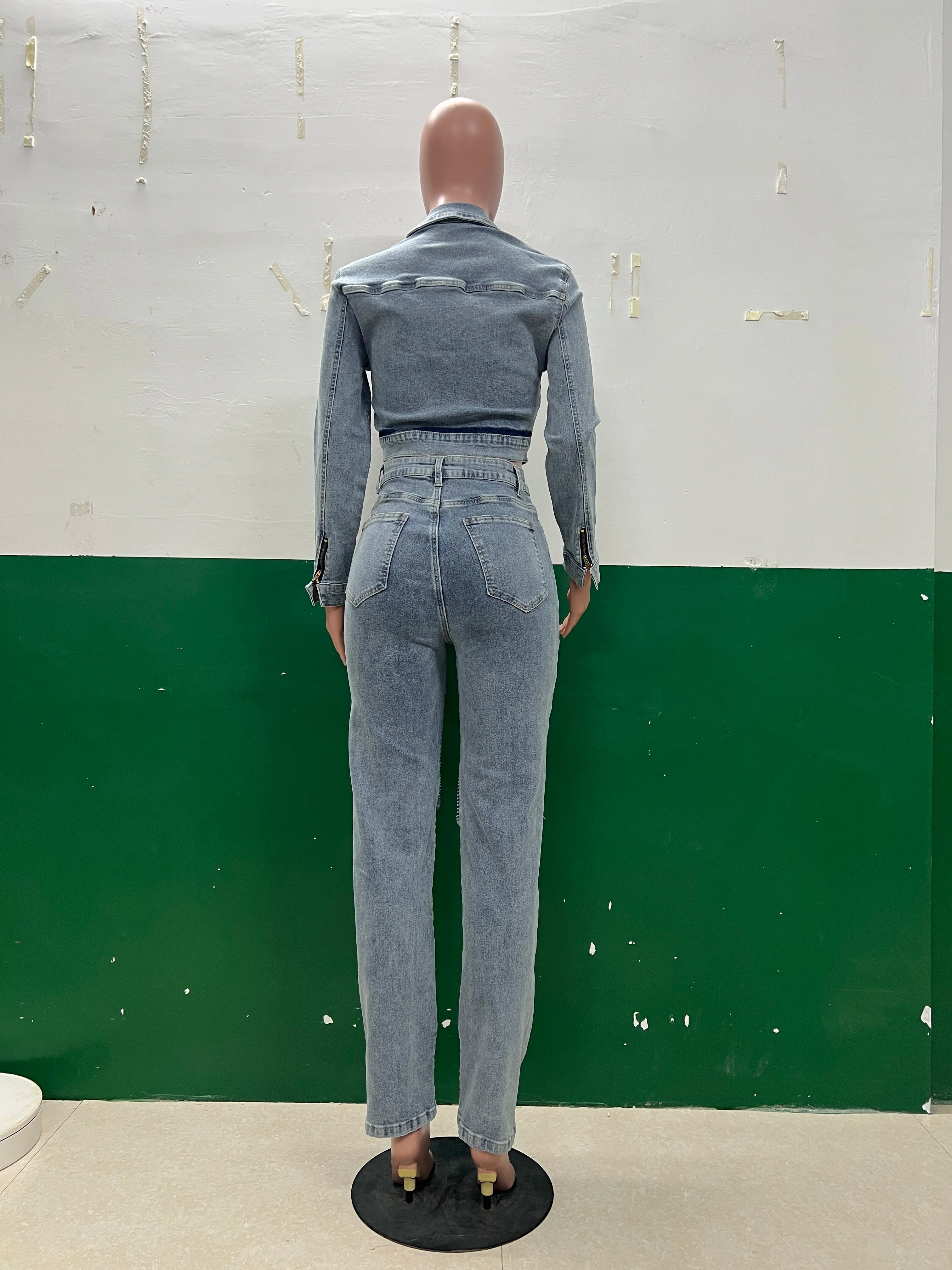 FZ Women's Y2K Streetwear Pencil Two Piece Denim Pants Suit
