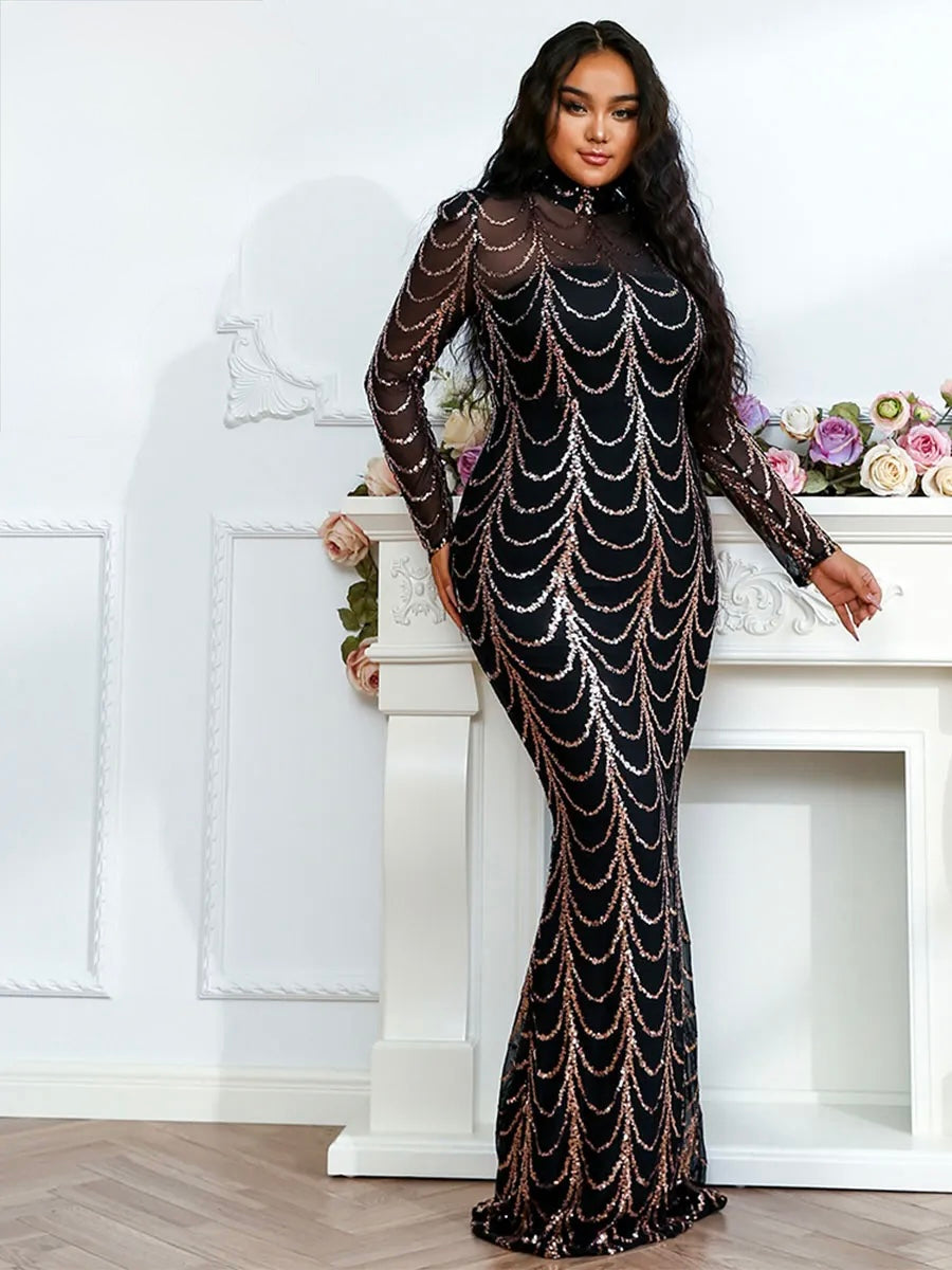 FZ Women's Plus Size High Neck Sequins Maxi Evening Dress