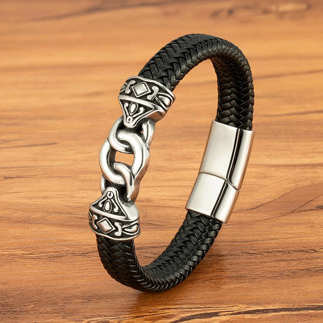 FZ Men's Stainless Steel Interlocking Leather Braided Bracelets