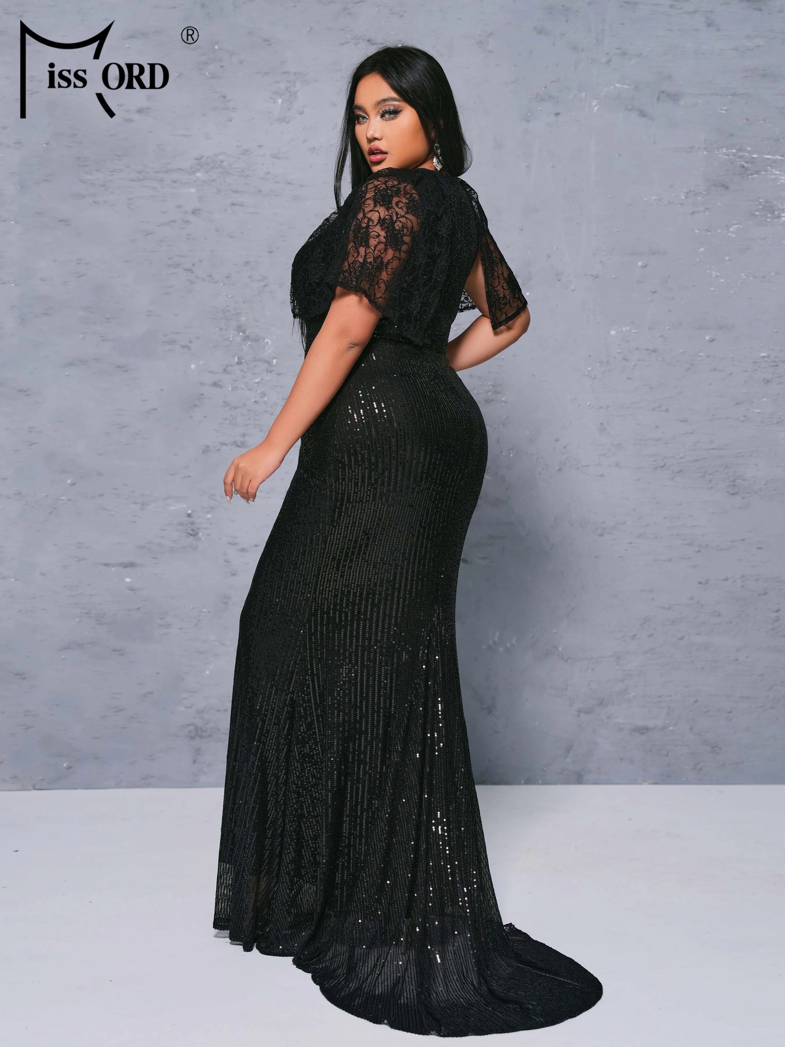 FZ Women's Plus Size Round Necked Sequin Short Sleeved Mermaid Evening Dress