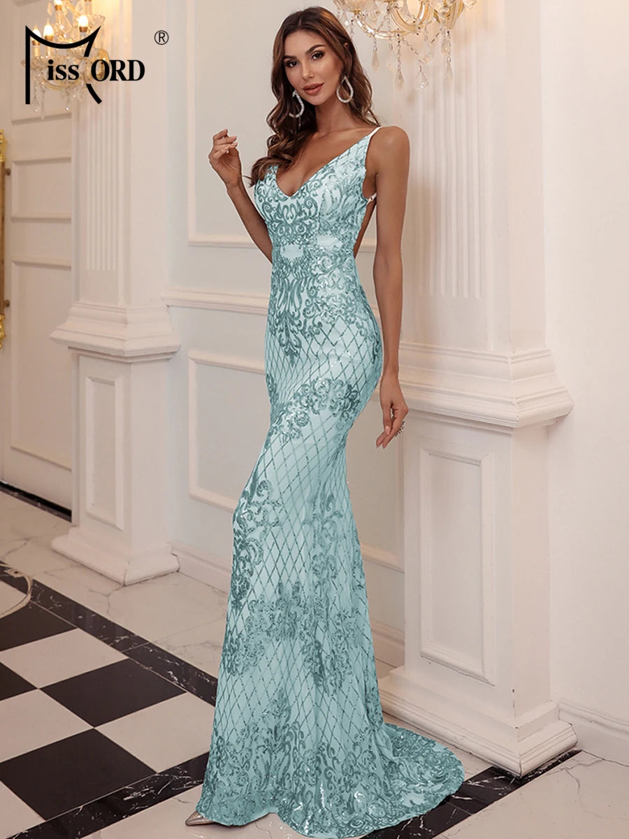 FZ Women's Sequin Spaghetti Strap V Neck Backless Mermaid Evening Dress