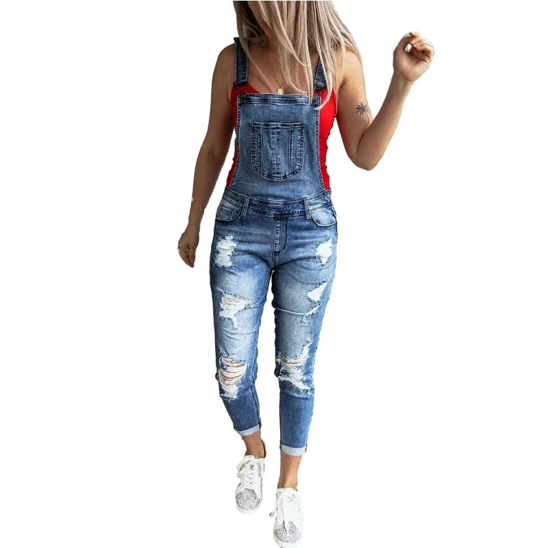 FZ Women's Ripped Elastic One Piece Denim Jumpsuit