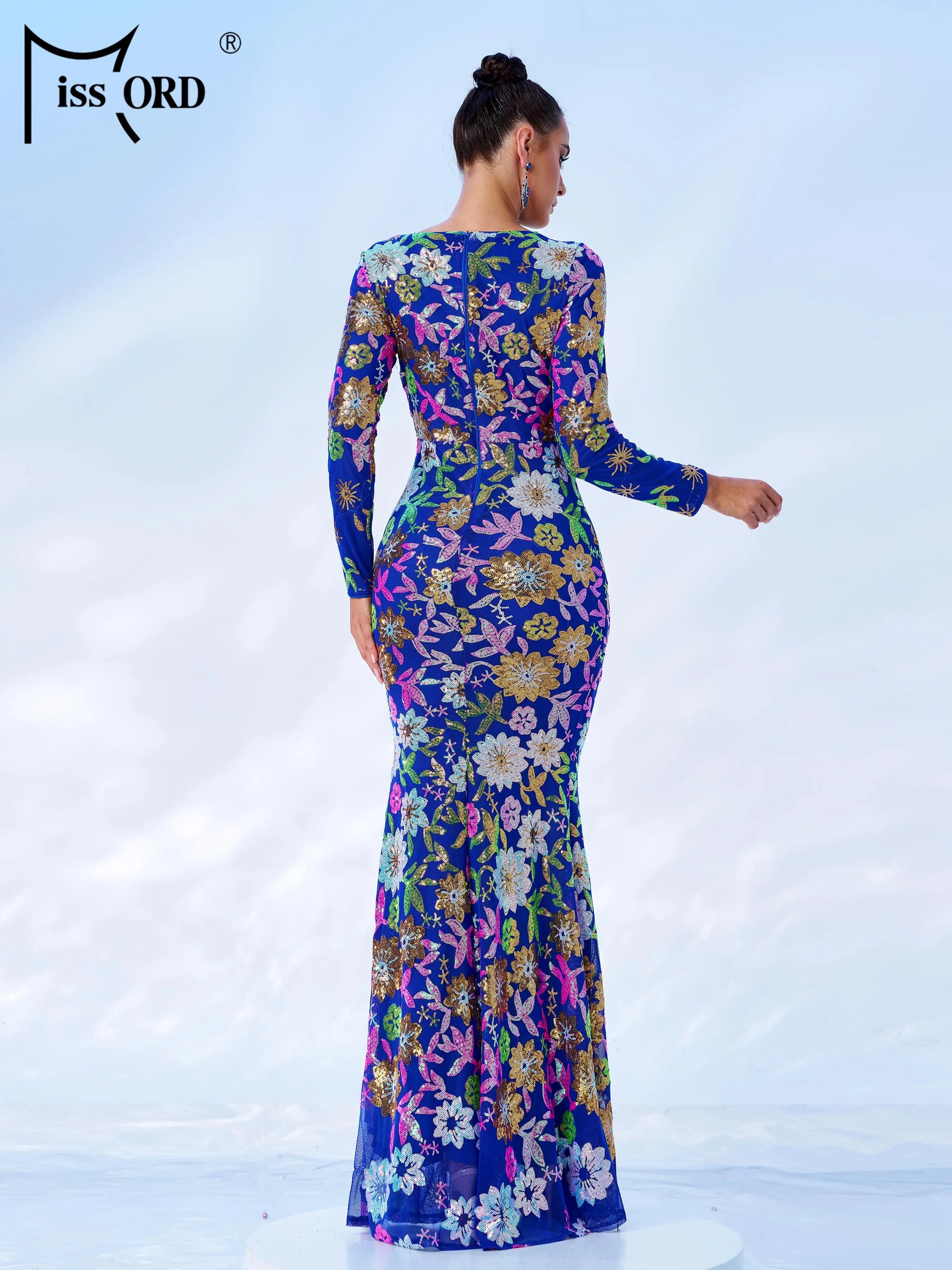 FZ Women's Round Neck Long Sleeved Sequin Mermaid Evening Dress