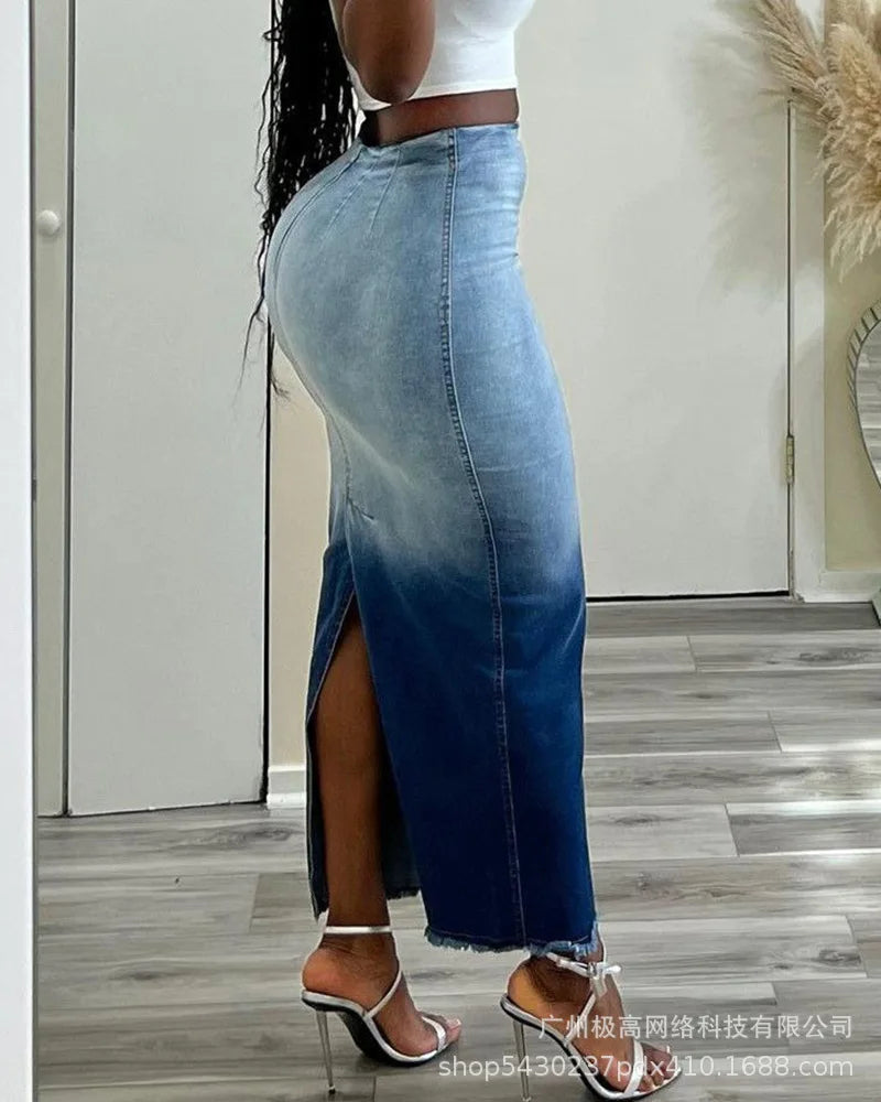 FZ Women Tie Dye Print Raw Hem Slit Denim Skirt