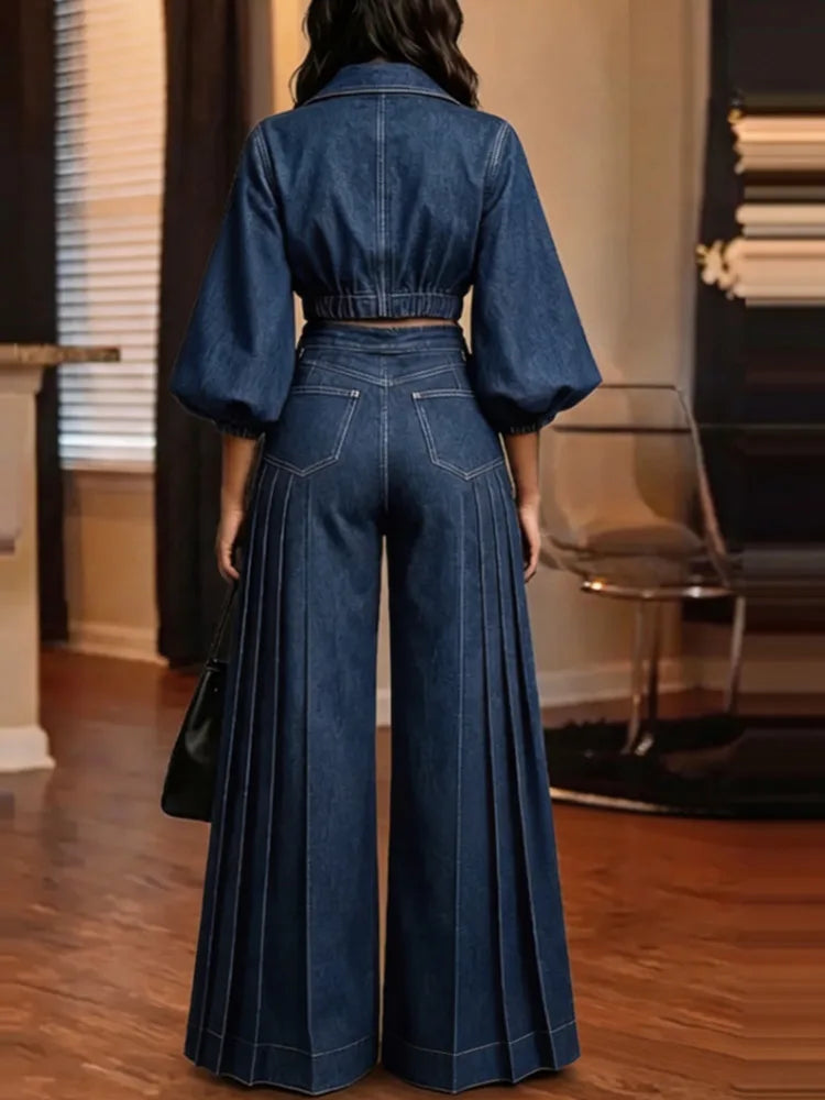 FZ Women's Pleated Wide Leg Puff Sleeve Vintage Denim Pants Suit