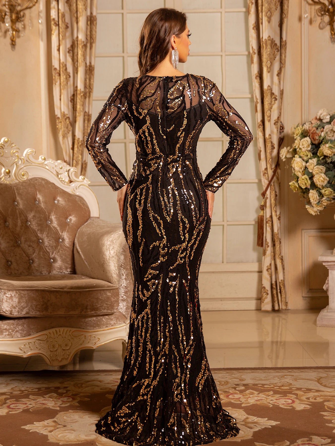 FZ Women's Full Sleeved Padded Long Sequined Evening Dress