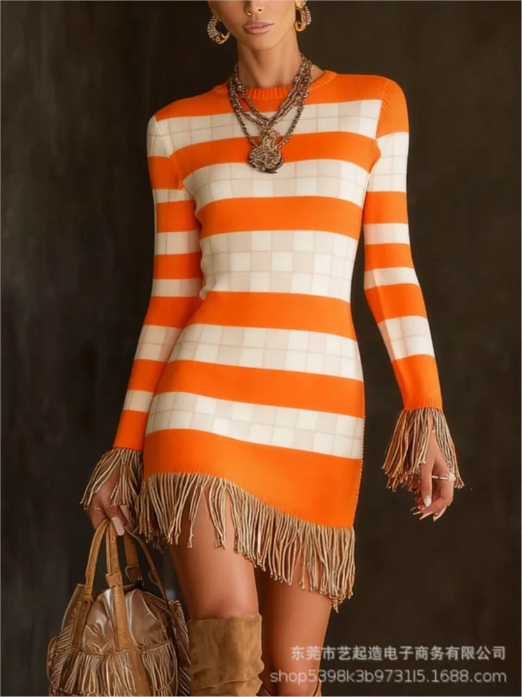 FZ Women's Retro Print Tassel Slim Fit O Neck Mini Knitted Sweater Dress