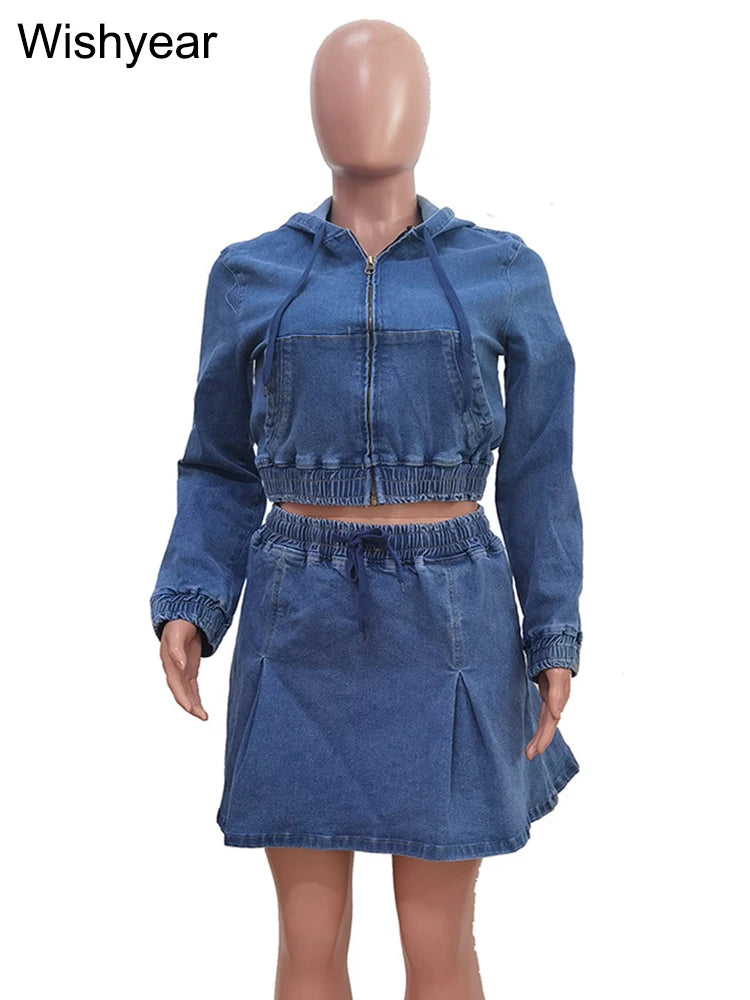 FZ Women's Long Sleeve Hooded Pleated Vintage Wash 2 Piece Denim Skirt Suit