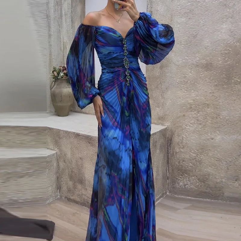 FZ Women's V Neck Full Sleeve Patchwork Folds Slim Maxi Dress