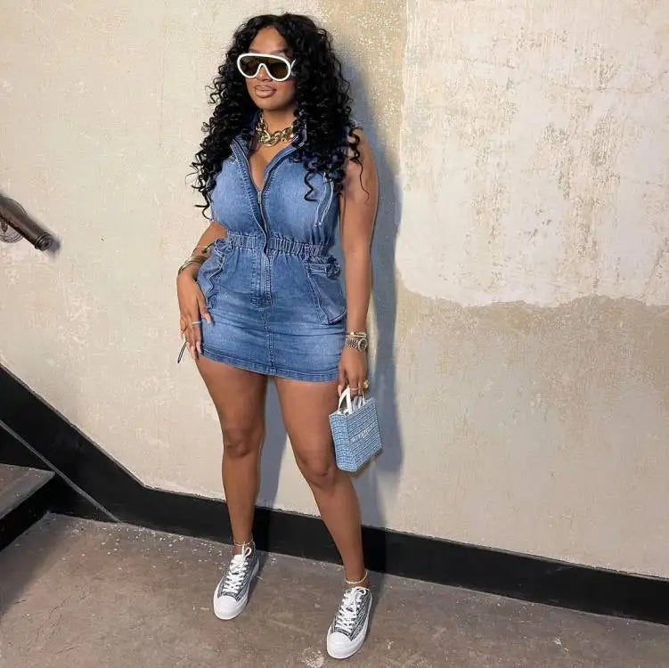 FZ Women's Blue Elastic Waist Sleeveless Mini Denim Dress - FZwear