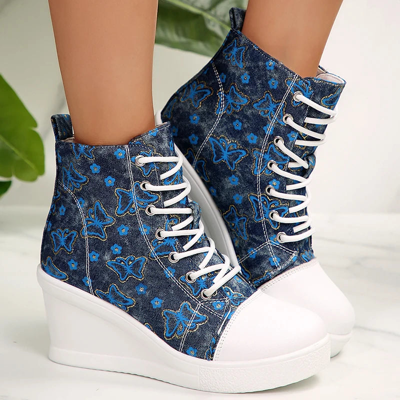 FZ Women's High Top Platform Lightweight Non Slip Lace Up Print Wedge Sneakers