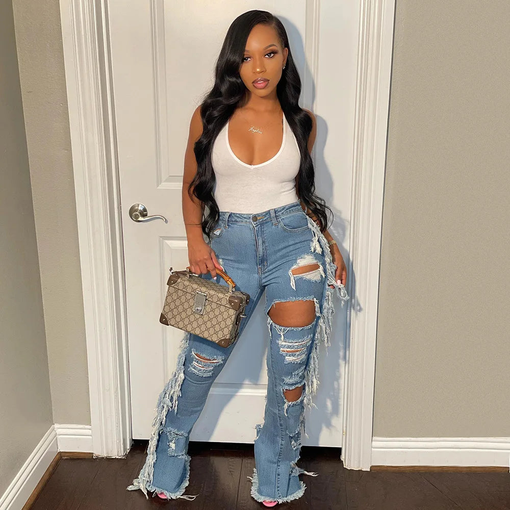 FZ Women's Hole Ripped Hight Waist Denim Pants - FZwear