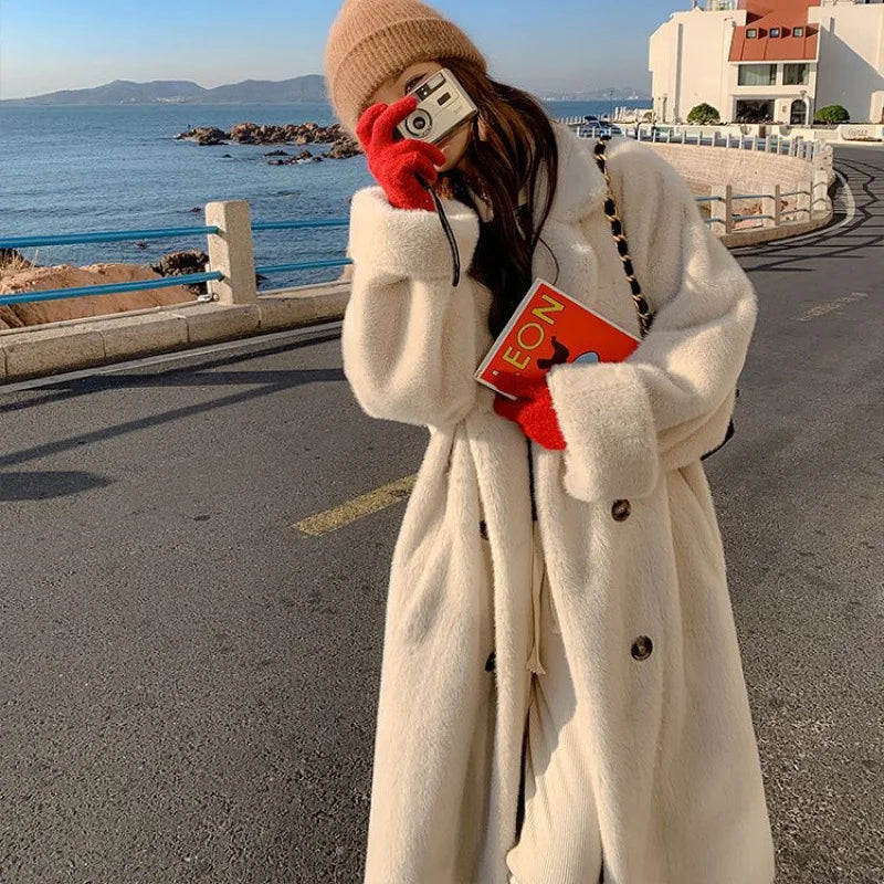 FZ Women's Faux Mink Long Sleeves Single Breasted Thick Loose Coat Jacket