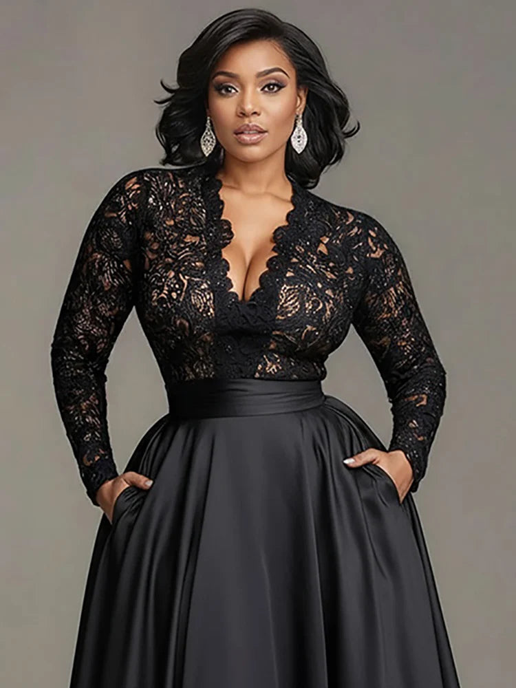 FZ Women’s Plus Size Lace Hollow Out Black V-Neck Cocktail Maxi Evening Dress