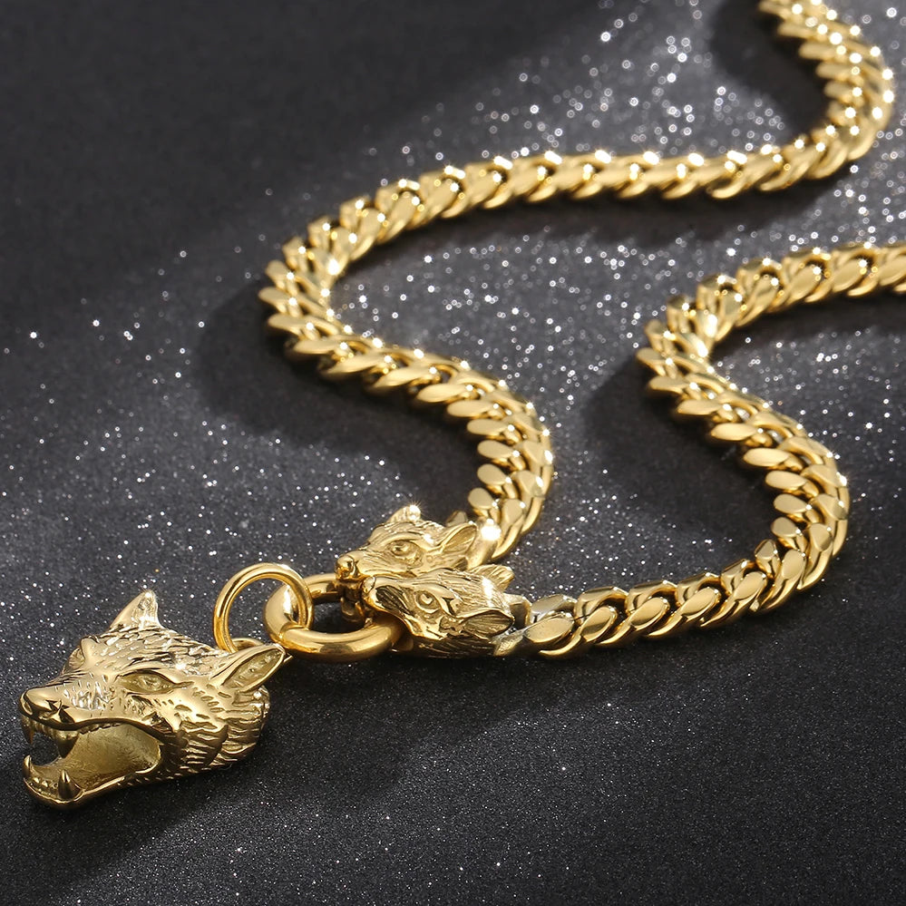 FZ Wolf Head 316L Stainless Steel Cuban Link Pendant Necklace