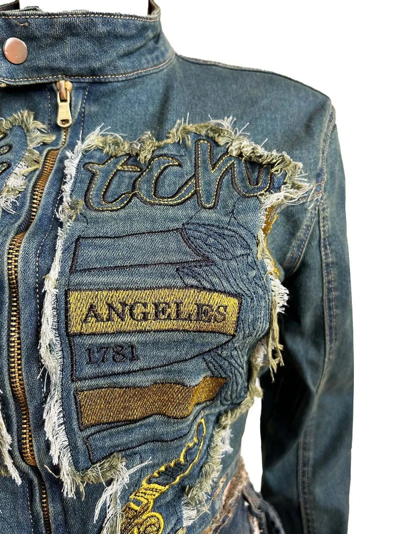 FZ Women's Fashion Letter Embroidery Tassel Denim 2 Piece Mini Pleated Skirts Suit - FZwear