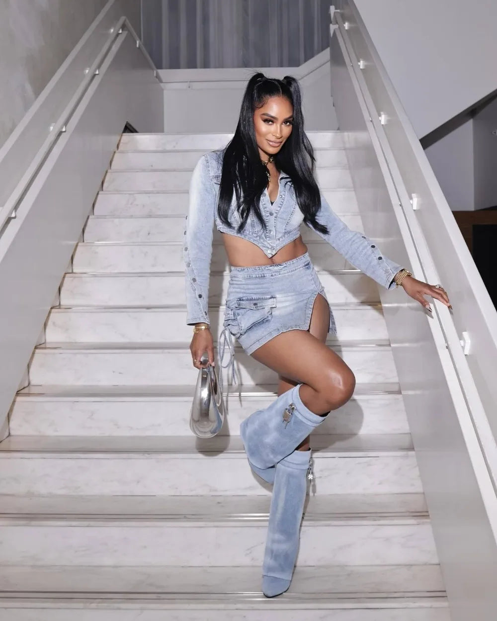 FZ Women's Denim Irregular Mini Slit Skirt Suit - FZwear