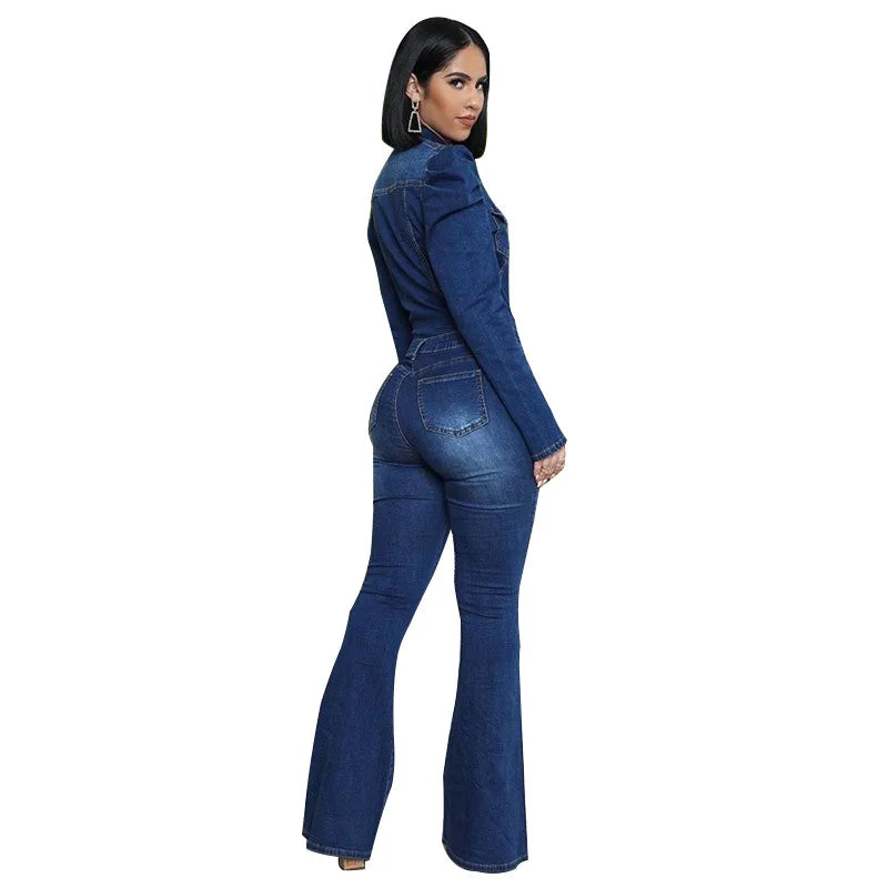 FZ Women's Bleached Washed Mid Waist Single Breasted Vintage Denim Jumpsuit