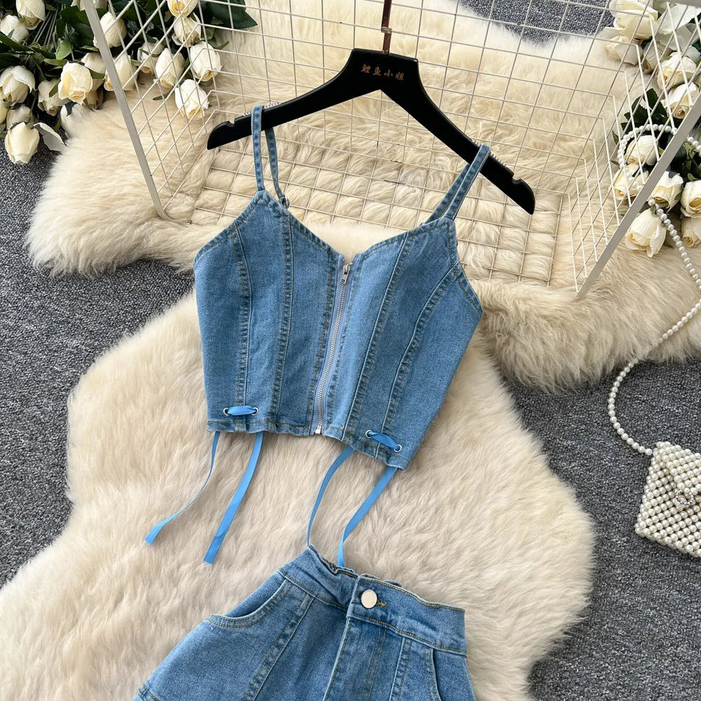 FZ Women's Sling Strapless A Line High Waist Two Piece Denim Skirt Suit
