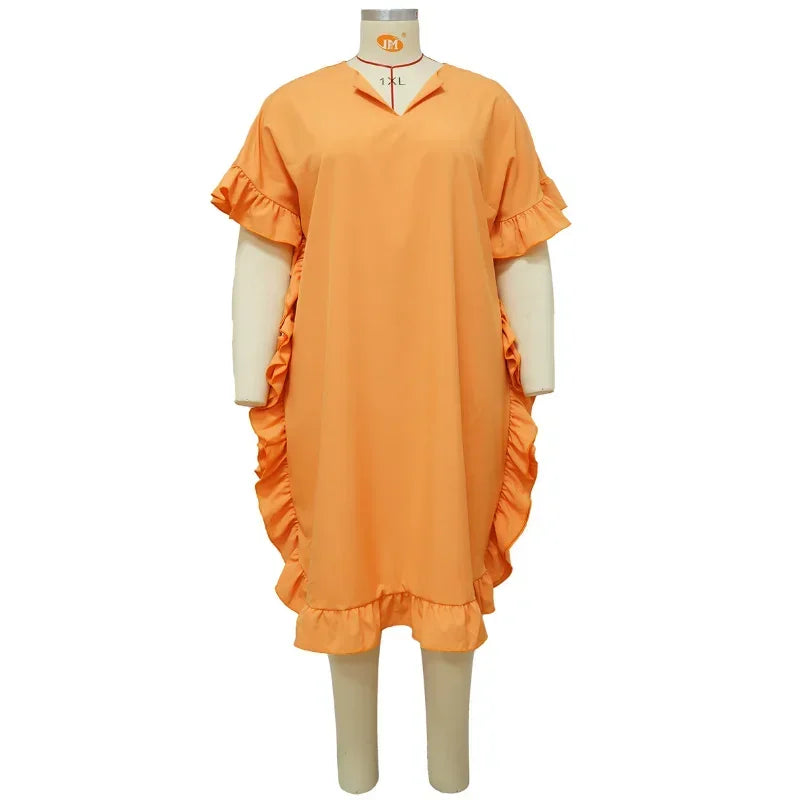 FZ Women's Plus Size Side Ruffles Short Sleeve Midi Streetwear Dress