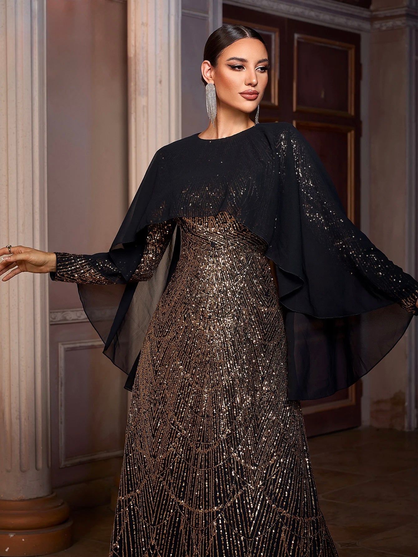 FZ Women's Round Neck A Line Sequin Batwing Sleeves Maxi Evening Dress