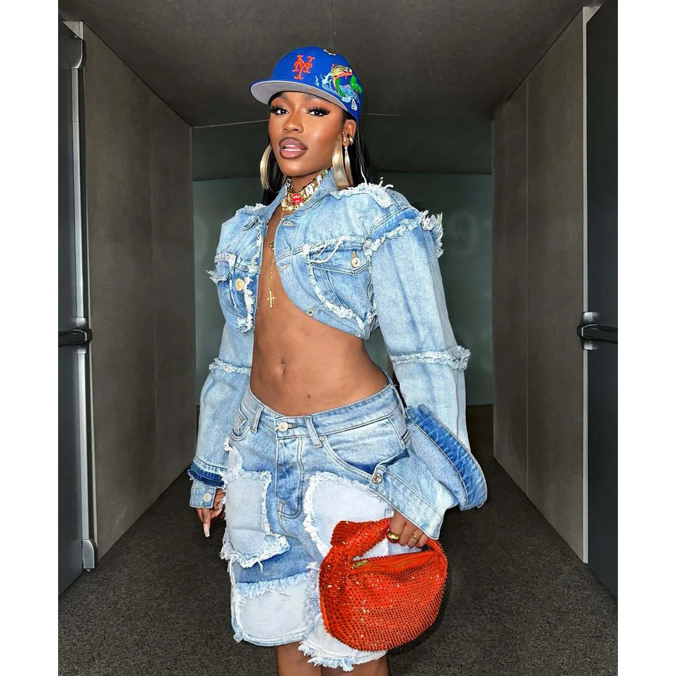 FZ Women's Y2K Streetwear Two Piece Denim Shorts Suit