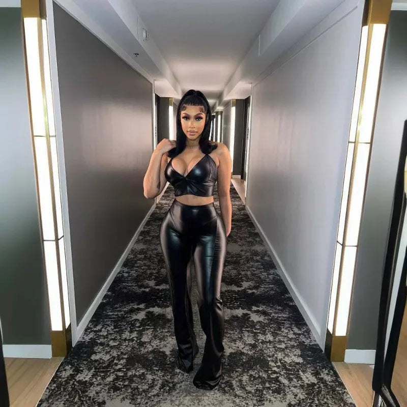 FZ Women'S Sexy High Stretch PU Leather Two Piece High Waist Flare Pants Suit - FZwear