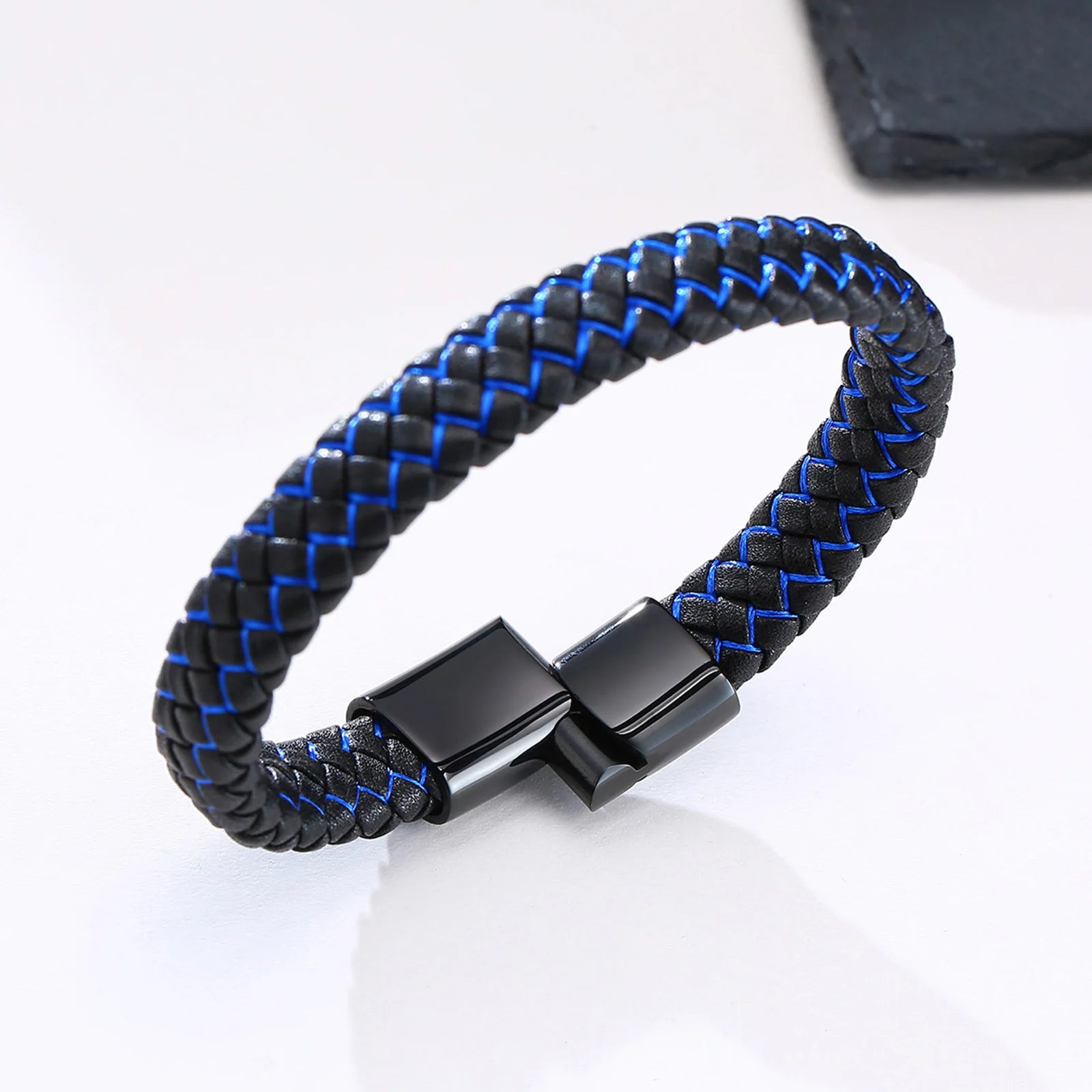 FZ Blue Black Braided Leather A-Z Initial Bracelet - FZwear