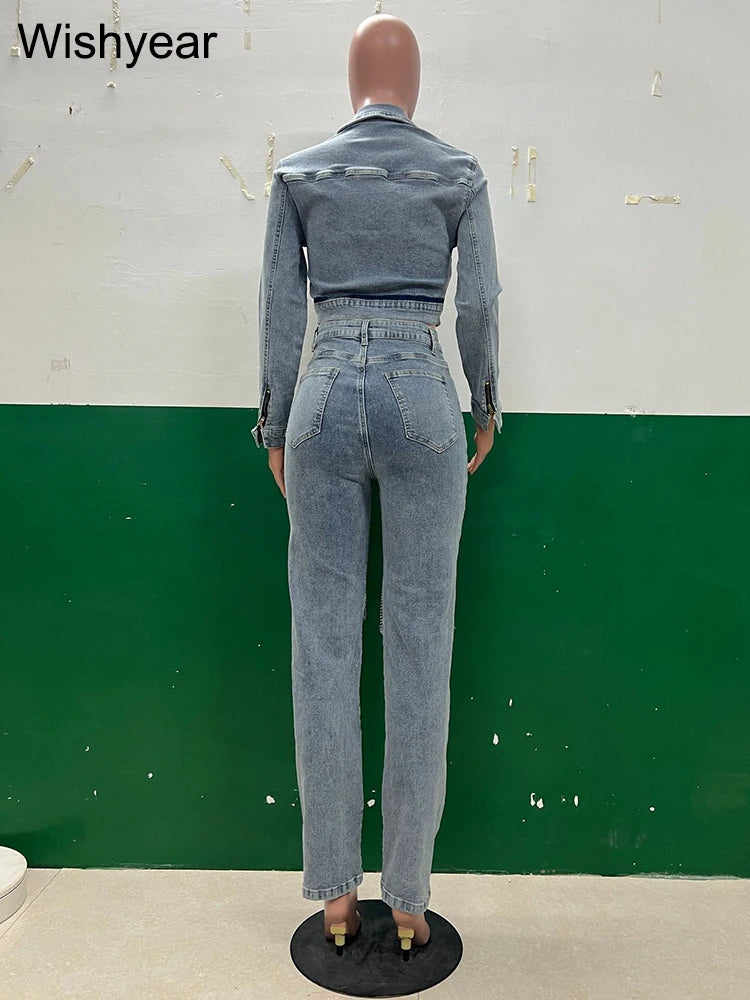 FZ Women's Blue Long Sleeve Ruched Patchwork 2 Piece Pencil Denim Pants Suit