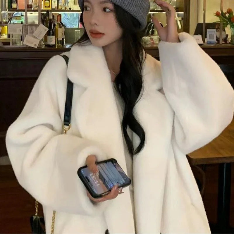 FZ Women's Faux Mink Long Sleeves Single Breasted Thick Loose Coat Jacket