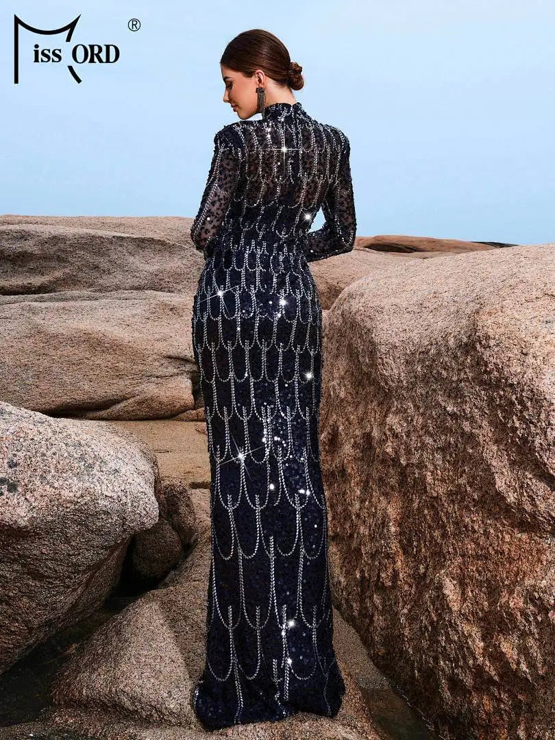 FZ Women's High Neck Sequin Mermaid Cocktail Maxi Evening Dress