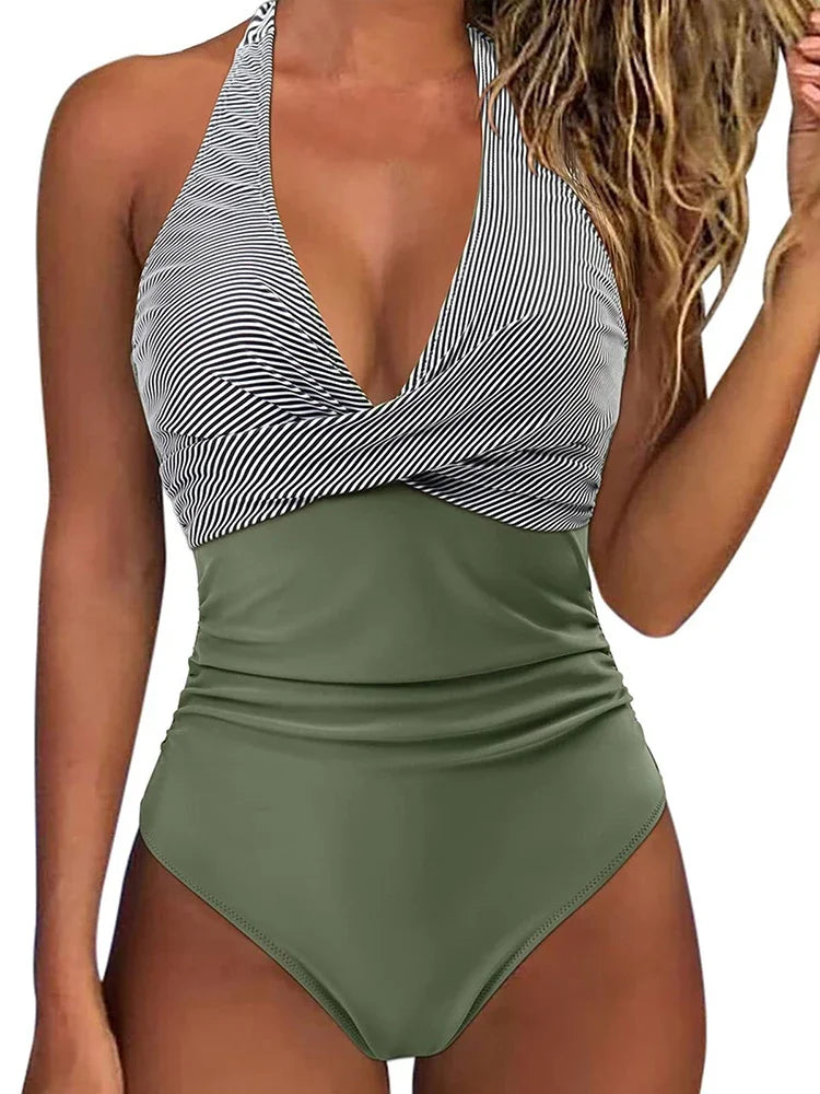 FZ Women's Backless Floral Print Halter Lace Up Bikini Swimwear