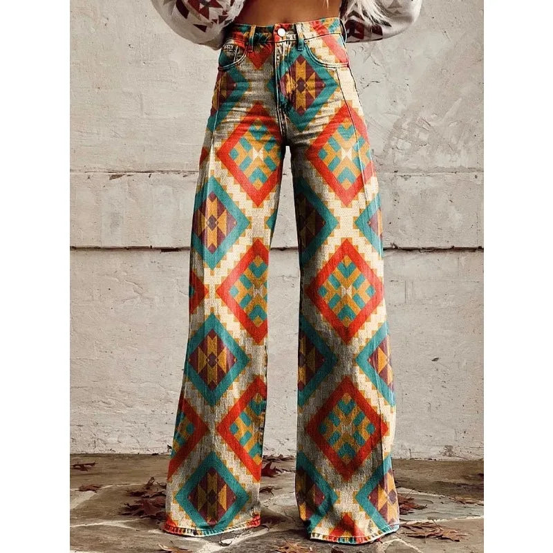 FZ Women's Vintage Flower Print Wide Leg Leopard Aztec Streetwear Bohemia Pants - FZwear