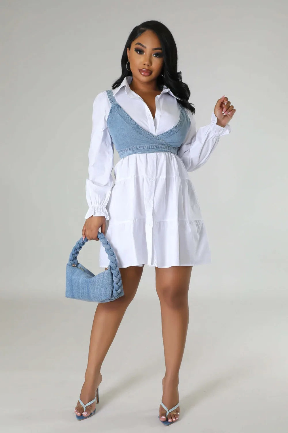 FZ Women Turndown Collar Button Long Sleeve Denim Shirt Dress - FZwear