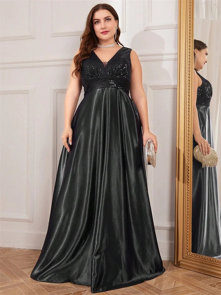 FZ Women's Plus Size Deep V-neck Floor Length Sequins Evening Dress