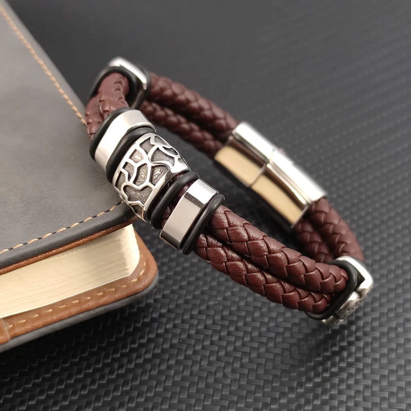FZ Men's Stainless Steel Irregularly Cracked Genuine Braided Leather Bracelet