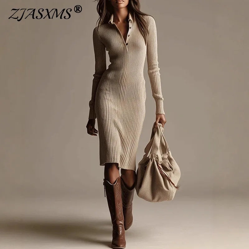 FZ Women's Solid Ribbed Turn-down Collar Button Knitted Sweater Dress